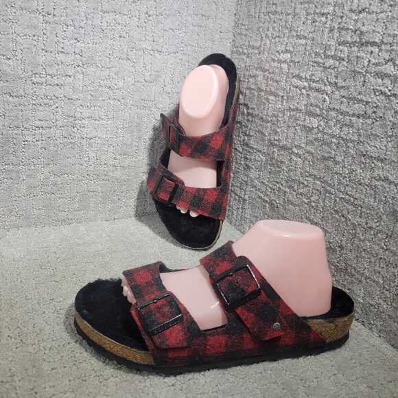 Birkenstock Arizona Shearling Mens Size EU 43 US 10 Rivet Plaid Red Slide Sandal - Picture 1 of 12